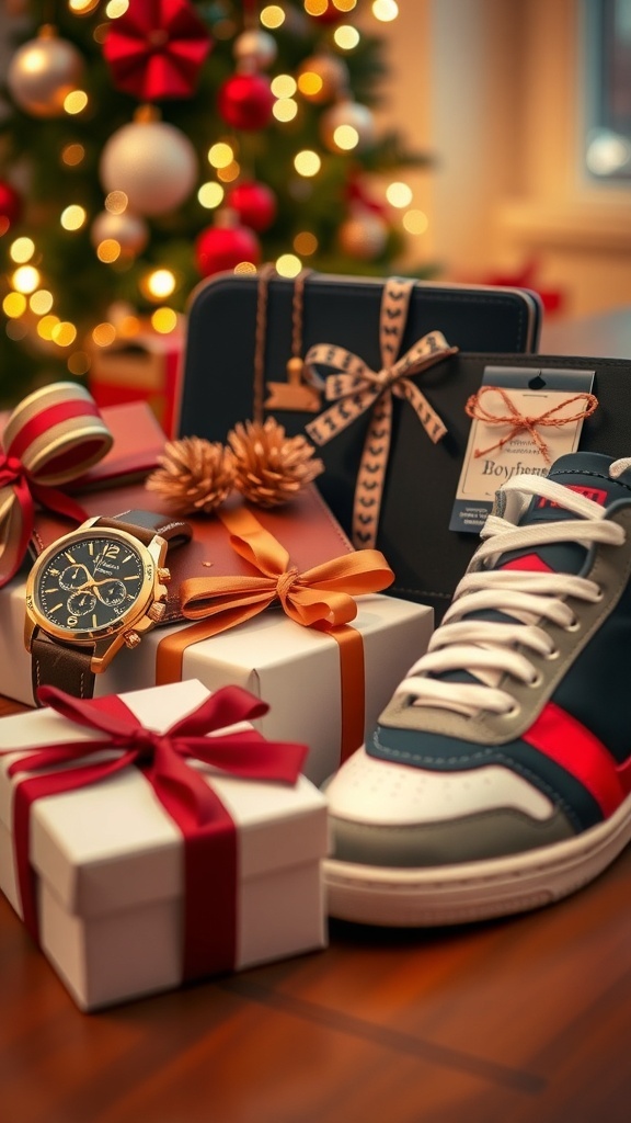 Stylish Christmas gifts for a boyfriend including a watch, wallet, and sneakers, beautifully wrapped.